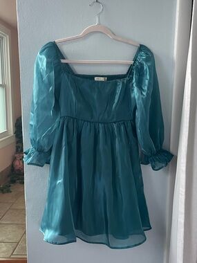 Teal Satin-Look Puff Sleeve Mini Dress